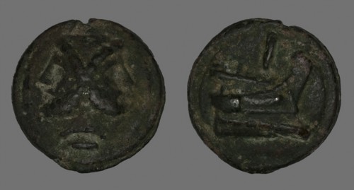 As (Coin) Depicting the God Janus, 225/217 BC, Roman, minted in Rome, Italy, Bronze, Diam. 6.3 cm,