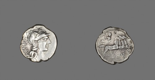 Denarius (Coin) Depicting the Goddess Roma, 136 BC, Roman, minted in Rome, Italy, Silver, Diam. 2