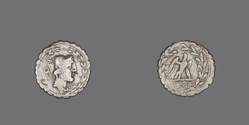 Denarius Serratus (Coin) Depicting the God Vulcan, 105 BC, Roman, minted in Rome, Italy, Silver,