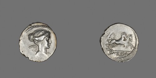 Denarius (Coin) Depicting the Goddess Victory, 46 BC, Roman, minted in Rome, Italy, Silver, Diam. 2