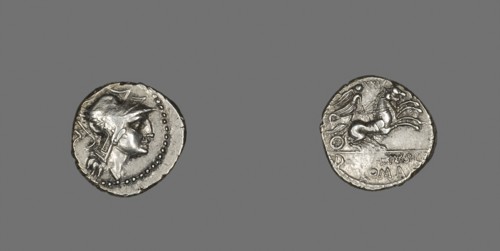 Denarius (Coin) Depicting the Goddess Roma, 91 BC, Roman, minted in Rome, Italy, Silver, Diam. 1.8