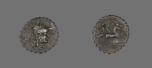 Denarius Serratus (Coin) Depicting the Goddess Roma, 118 BC, Roman, minted in Narbo, Italy, Silver,