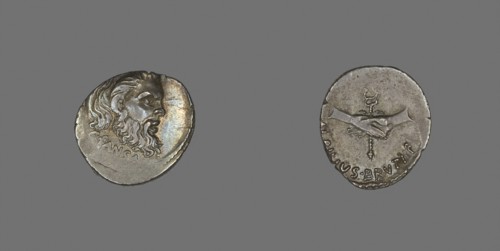 Denarius (Coin) Depicting the Mask of Pan, 48 BC, Roman, minted in Rome, Italy, Silver, Diam. 2 cm,