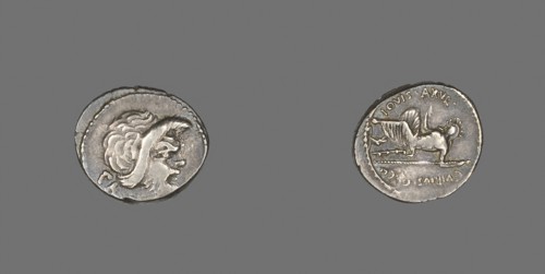 Denarius (Coin) Depicting the Mask of Pan, 48 BC, Roman, minted in Rome, Italy, Silver, Diam. 2 cm,