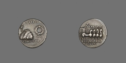 Coin Depicting a Toga, Tunic and Wreath, about 18 BC, Roman, minted in Spain, Roman Empire, Silver,