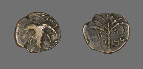 Coin Depicting a Palm Tree, AD 132/135, Judaean, Israel, Bronze, Diam. 2.7 cm, 11.18 g