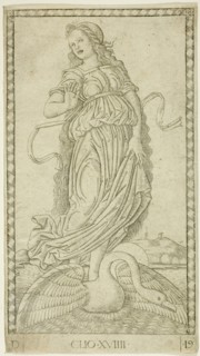 Clio, plate nineteen from Apollo and the Muses, c. 1465, Master of the E-Series Tarocchi, Italian,
