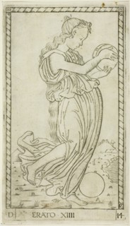 Erato, plate fourteen from Apollo and the Muses, c. 1465, Master of the E-Series Tarocchi, Italian,
