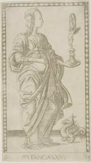 Prudence, plate 35 from Genii and Virtues, c. 1465, Master of the E-Series Tarocchi, Italian,