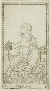 Thalia, plate sixteen from Apollo and the Muses, c. 1465, Master of the E-Series Tarocchi, Italian,