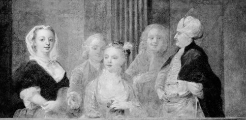 Fashionable Figures, with a Man in Turkish Costume, 1733/35, British, England, Oil on plaster,