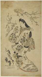 A Young Woman Walking near a Plum Tree, c. 1688, Japanese, Japan, Hand-colored woodblock print,
