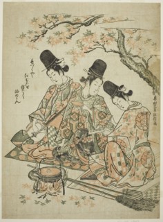 Parody of Palace Attendants Burning Maple Leaves to Heat Sake from The Tale of Heike, c. 1750,