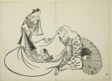 Daikoku revealing the contents of Hotei’s bag, no. 2 from the series of 12 prints, c. 1708, Okumura