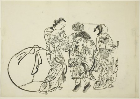 Measuring Daikoku’s height, no. 5 from a series of 12 prints, c. 1708, Okumura Masanobu, Japanese,