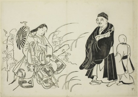 Komachi resting on a stupa, no. 6 from a series of 12 prints, c. 1708, Okumura Masanobu, Japanese,
