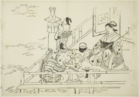 Courtesan entertaining Daikoku and Fukurokuju, no. 10 from a series of 12 prints, c. 1708, Okumura