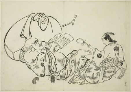 Hotei Reading a Book, no. 11 from a series of 12 prints, c. 1708, Okumura Masanobu, Japanese,