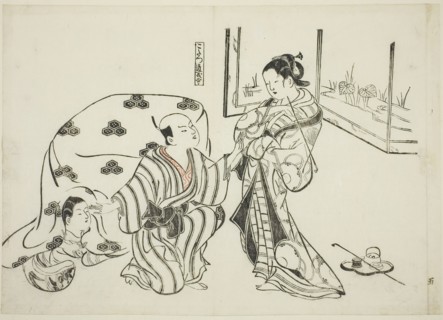 Kotatsu Dojoji, no. 5 from a series of 12 prints depicting parodies of plays, c. 1716/35, Okumura
