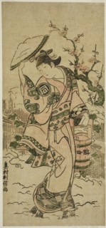 The Actor Sanogawa Mangiku as a woman walking in the snow, c. 1742, Okumura Toshinobu, Japanese,