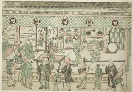 The Shop of Sanogawa Ichimatsu, c. 1743, Ishikawa Toyonobu, Japanese, 1711-1785, Japan, Color