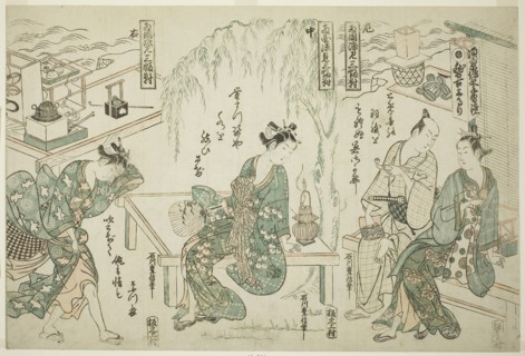 Enjoying the Evening Cool at Ryogoku, A Set of Three (Ryogoku suzumi sanpukutsui), c. 1752,