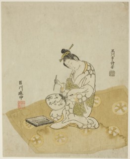 Writing on a Fan, 1765, Ishikawa Toyonobu, Japanese, 1711-1785, Japan, Color woodblock print,