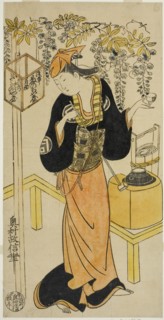 The Actor Sanogawa Mangiku I as Ohatsu in the play Sogazaki Shinju, performed at the Nakamura