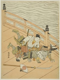 Ushiwakamaru and Benkei fighting on Gojo Bridge, c. 1767, Suzuki Harunobu ?? ??, Japanese, 1725