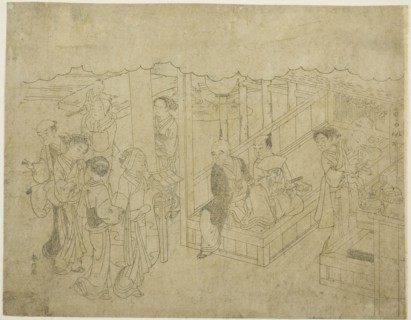 Key block print for The Introduction (Miai), the first sheet from the series Marriage in Brocade