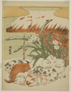 Puppies in the Snow, c. 1773, Isoda Koryusai, Japanese, 1735-1790, Japan, Color woodblock print,