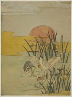Cranes in an Iris Pond at Sunrise, c. 1774, Attributed to Isoda Koryusai, Japanese, 1735-1790,