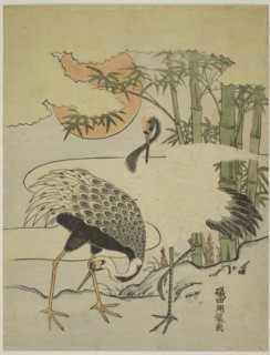Cranes and Bamboo, c. 1774, Isoda Koryusai, Japanese, 1735-1790, Japan, Color woodblock print,