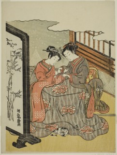 Two Young Women Playing Cat’s Cradle, c. 1769, Isoda Koryusai, Japanese, 1735-1790, Japan, Color