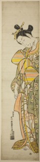Courtesan Holding a Long Pipe, c. 1743, Ishikawa Toyonobu, Japanese, 1711–1785, Japan, Hand-colored