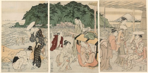 Visitors to Enoshima, c. 1789, Torii Kiyonaga, Japanese, 1752-1815, Japan, Color woodblock prints,