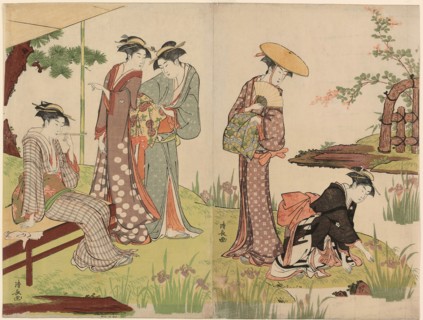 By an Iris Pond, c. 1785, Torii Kiyonaga, Japanese, 1752-1815, Japan, Color woodblock print, oban