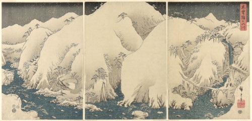 Mountains and Rivers on the Kiso Road (Kisoji no yamakawa), from an untitled series of triptychs,