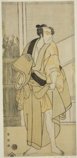 The Actor Ichikawa Monnosuke II as Hiranoya Tokubei (?) in the Play Waka Murasaki Edokko Soga (?),