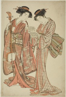 Two Geisha Holding a Shamisen and a Song Book, c. 1777, Attributed to Kitao Shigemasa, Japanese,