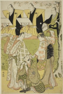 The Actors Ichikawa Monnosuke II as Munesada, Segawa Kikunojo III as the courtesan Sumizome, and
