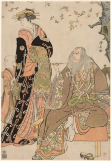 The Actors Ichikawa Danjuro V as Hige no Ikyu, Nakamura Riko as Agemaki, and Ichikawa Ebizo as