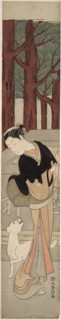 Beauty and a White Dog at a Shrine, c. 1769, Suzuki Harunobu ?? ??, Japanese, 1725 (?)-1770, Japan,