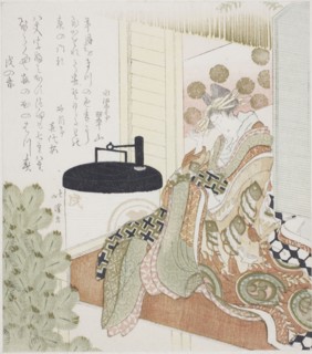 Courtesan sitting on a veranda next to a lantern, 1814, Totoya Hokkei, Japanese, 1780-1850, Japan,