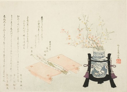 Red and White Plum Blossoms with Poem Slip, About 1810, Ryuryukyo Shinsai, Japanese, active