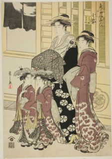 Komurasaki of the Kadotamaya with Attendants Hatsune and Utano, c. 1790, Chobunsai Eishi, Japanese,