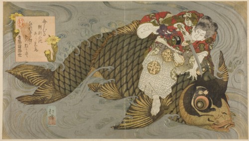 Oniwakamaru subduing the giant carp, c. 1830/35, Totoya Hokkei, Japanese, 1780–1850, Japan, Color