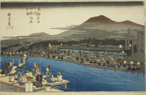 Enjoying the Evening Cool on the Riverbed at Shijo (Shijogawara yusuzumi), from the series Famous