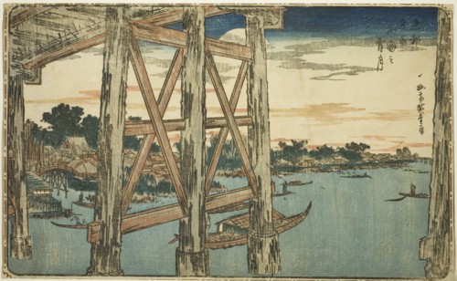 Twilight Moon at the Ryogoku Bridge (Ryogoku no yoizuki), from the series Famous Views of the