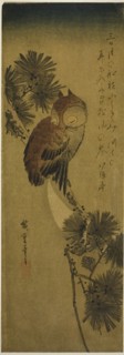Small-horned owl, pine, and crescent moon, 1830s, Utagawa Hiroshige ?? ??, Japanese, 1797-1858,